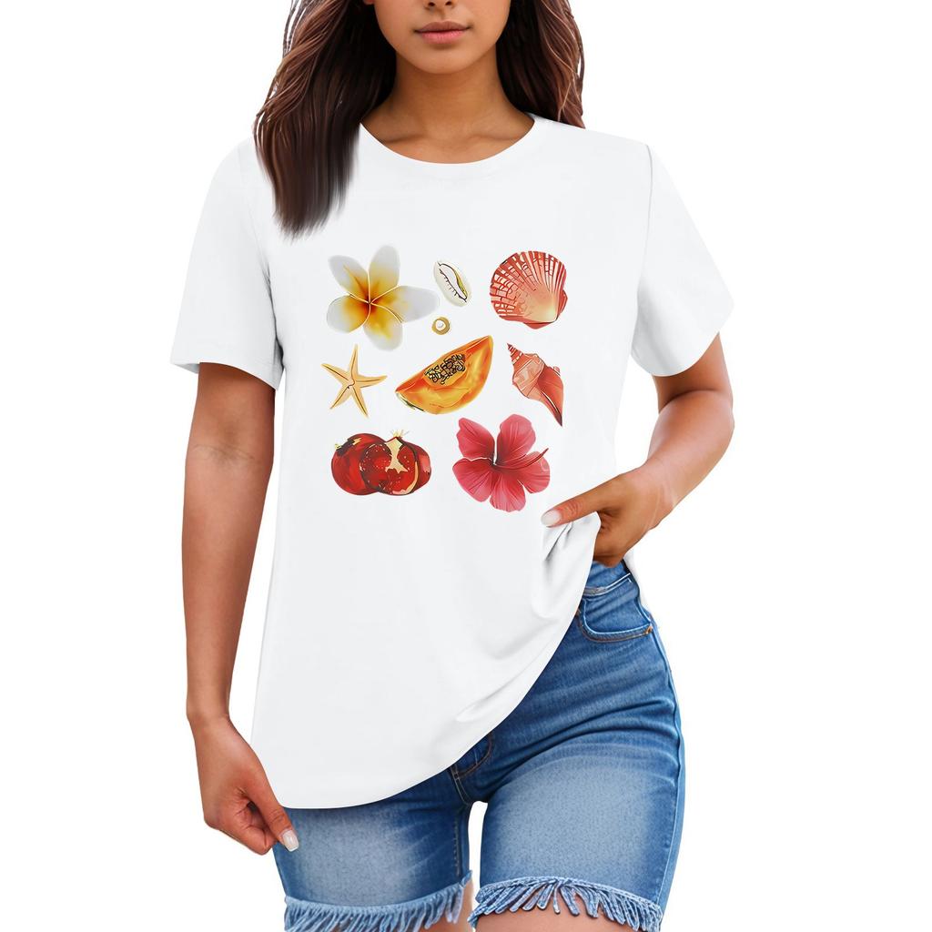 Ladies' Loose Comfortable Casual Fashionable  Fruit And Flower Pattern Printed Round Neck Short Sleeved Shirt