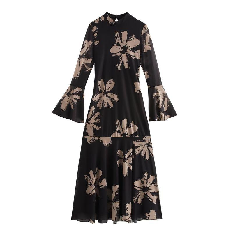 

Kaslead New Arrival Women s Clothing Fashion Style Fashion Minimalist Flare Sleeve Silm Print Long Dress Color L
