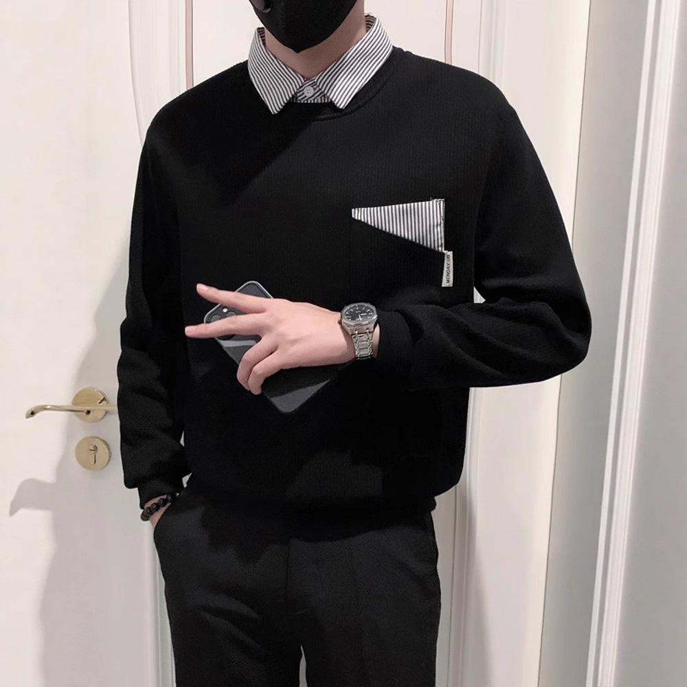 Splicing Lapel Sweater Trendy Brand Men's Autumn Korean Wear Men's Inner Casual Top