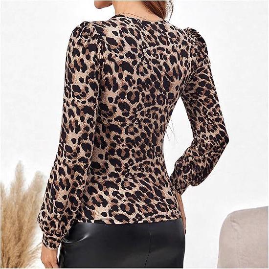 Women's 2025 Leopard Print V-neck Slim-fit Long-sleeved Lace Trim Top