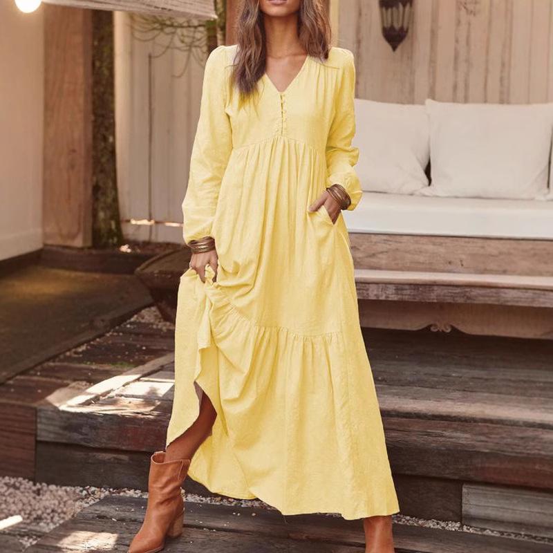 Loose Fit V-Neck Long Sleeve Button Front Midi Dress with Pockets and Side Slit