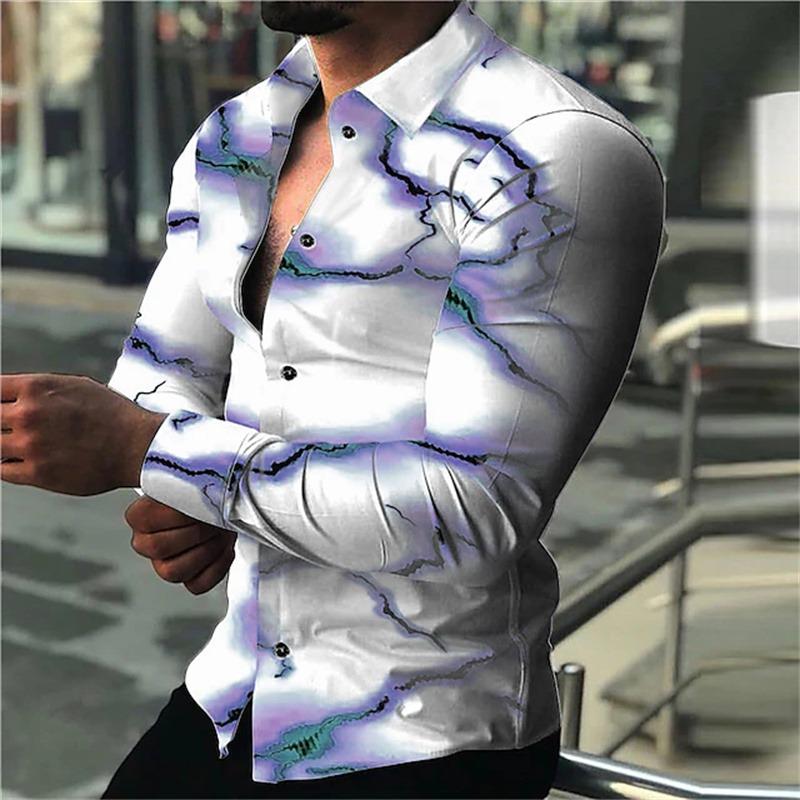 Men's Long-sleeved Shirt with Trendy Purple Lightning Flash Print Design, Stylish and Casual Open-front Top, Sizes