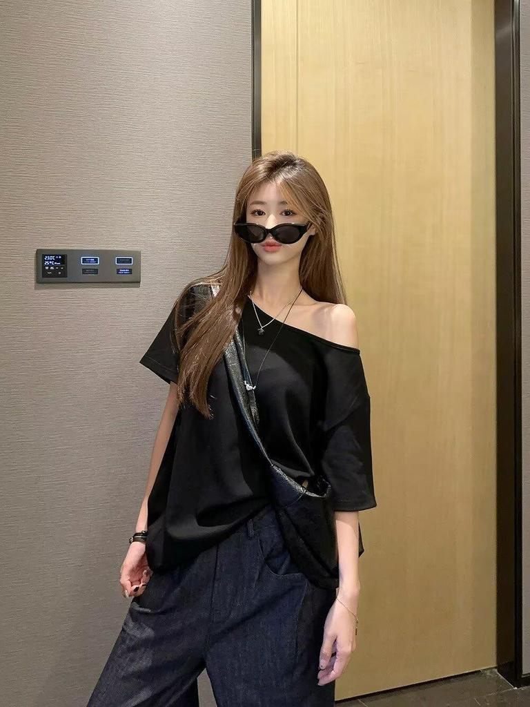 Spicy Girl Asymmetrical Neck Short-Sleeve T-Shirt - Women's Summer 2025 Korean Style Loose Slimming Top