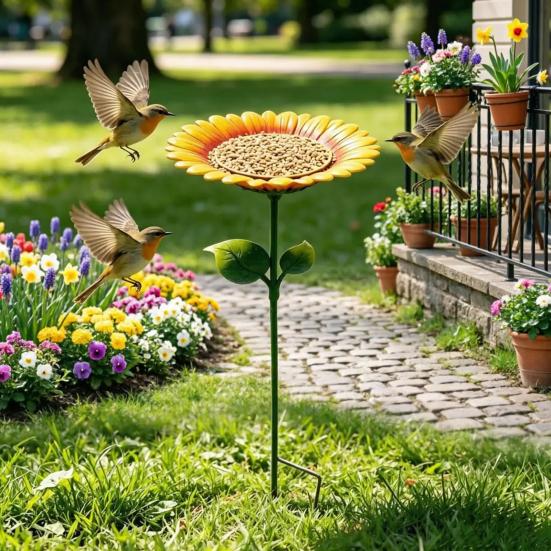 Sunflower Bird Feeder Bath for Outdoor Metal Flower Bee Watering Station with Stake Decorative Butterfly Pollinator Feeder Tray for Yard Lawn Patio