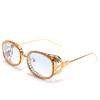 New steampunk-style hollow metal oval sunglasses with a futuristic design, featuring a unique and trendy handmade chain and available in multiple