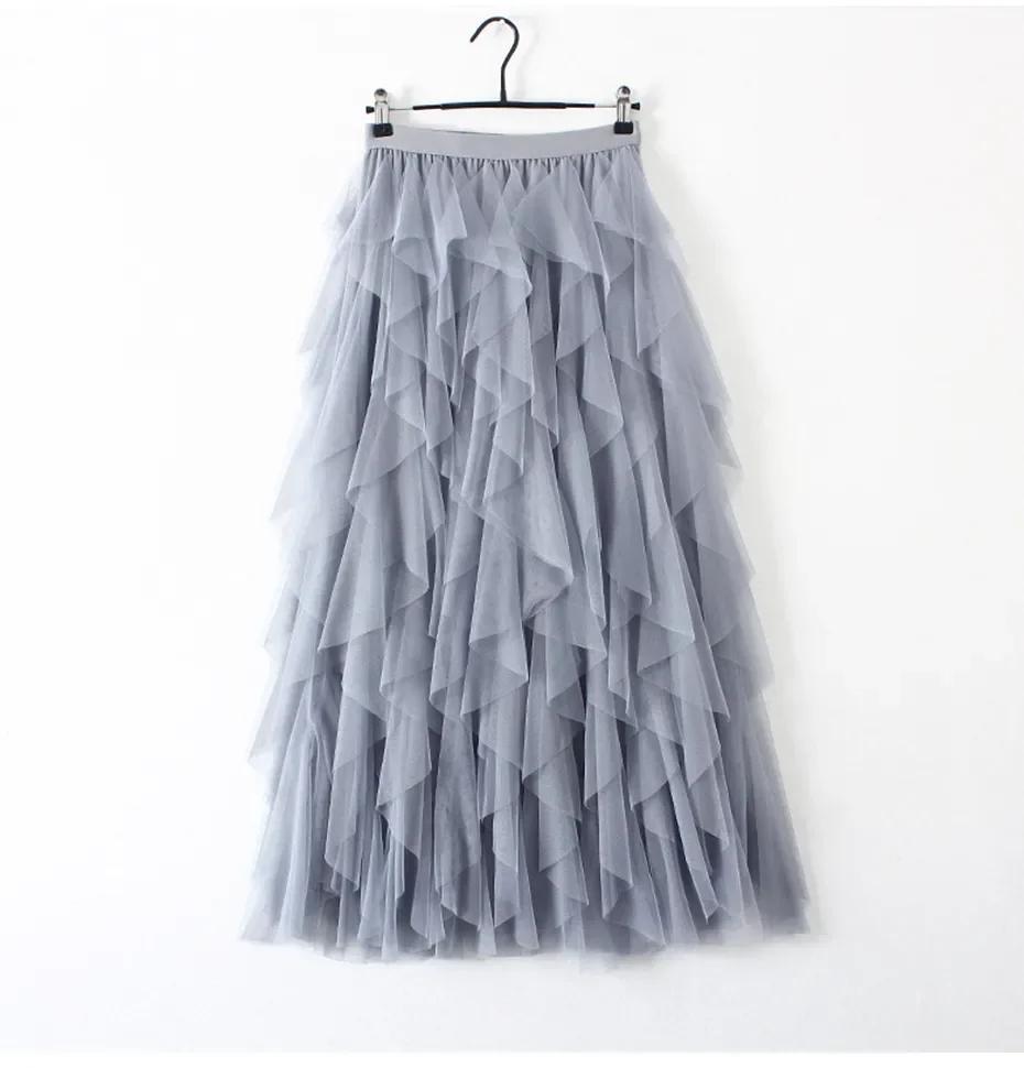 Womens Elastic High Waist Tulle Mesh Irregular Tutu Skirt Gauze Skirt  Spring and Summer New Pleated A-line Skirt in The Long Hi