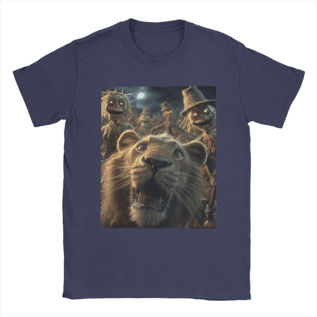 Men T-Shirts Funny Lion Selfie With Scarecrows Novelty Cotton Tee Shirt Scary Halloween T Shirt Crewneck Merchandise Plus Size