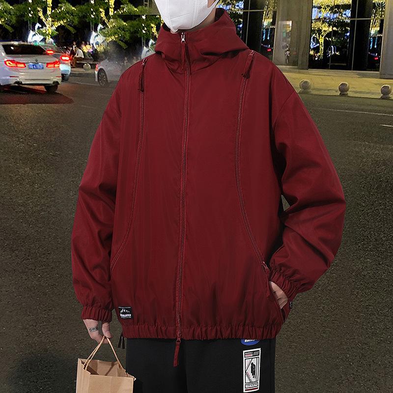 

Ретро-куртка Куртка для мужчин и женщин, весна и осень Ruffian Handsome Молния Сращивание Функция, Ветрозащитный капюшон High Street Воротник-стойка M красный