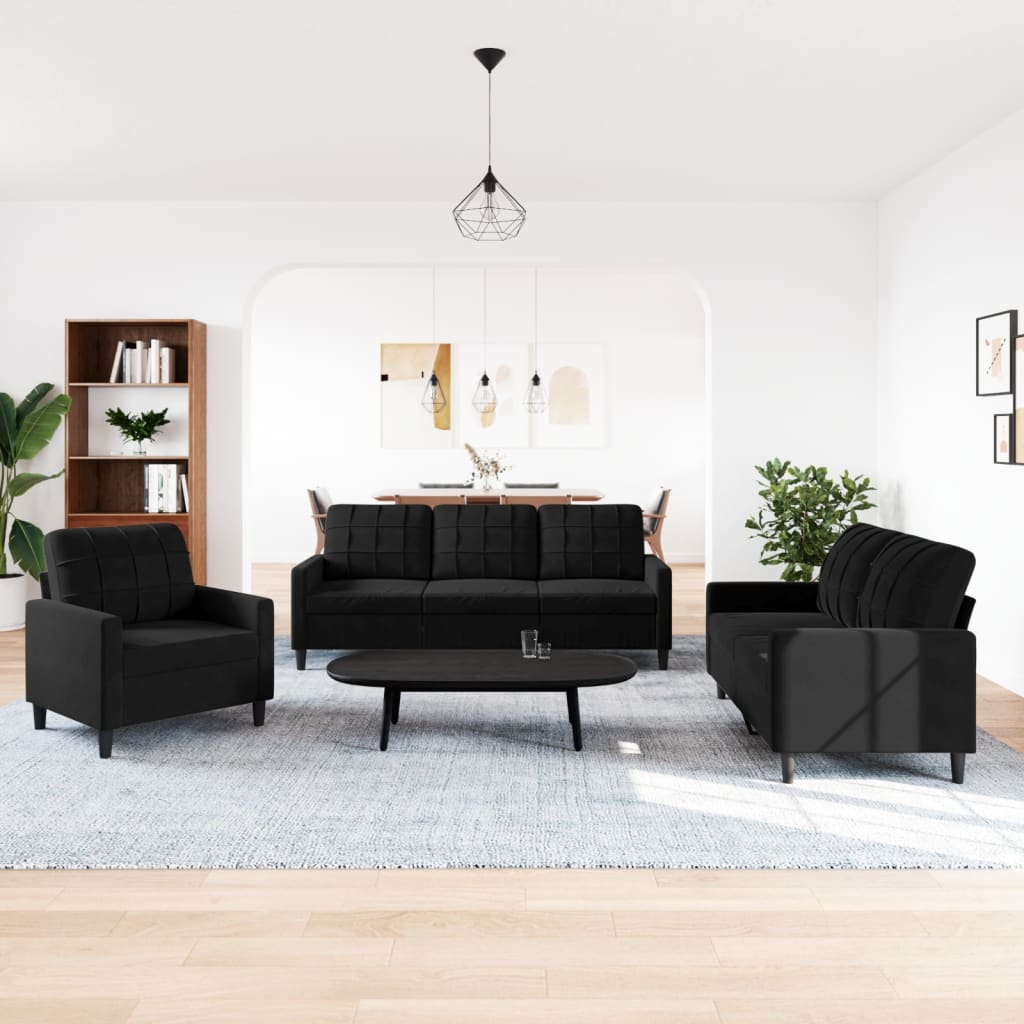 3 Piece Sofa Set with Cushions Black Velvet