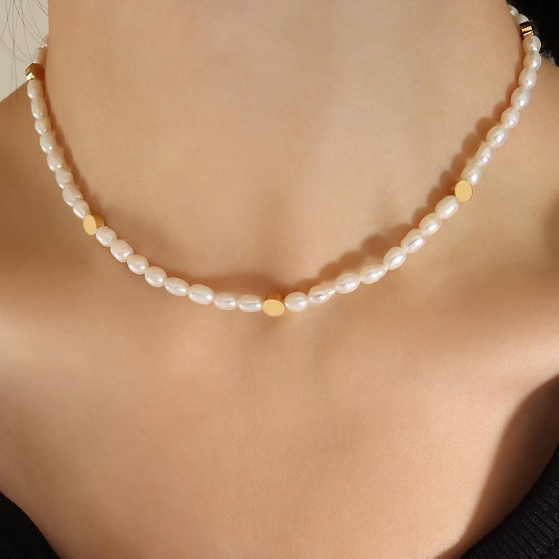 Gold-Plated Titanium Steel & Freshwater Pearl Oval Necklace - Unique French Style, Non-Fading Choker