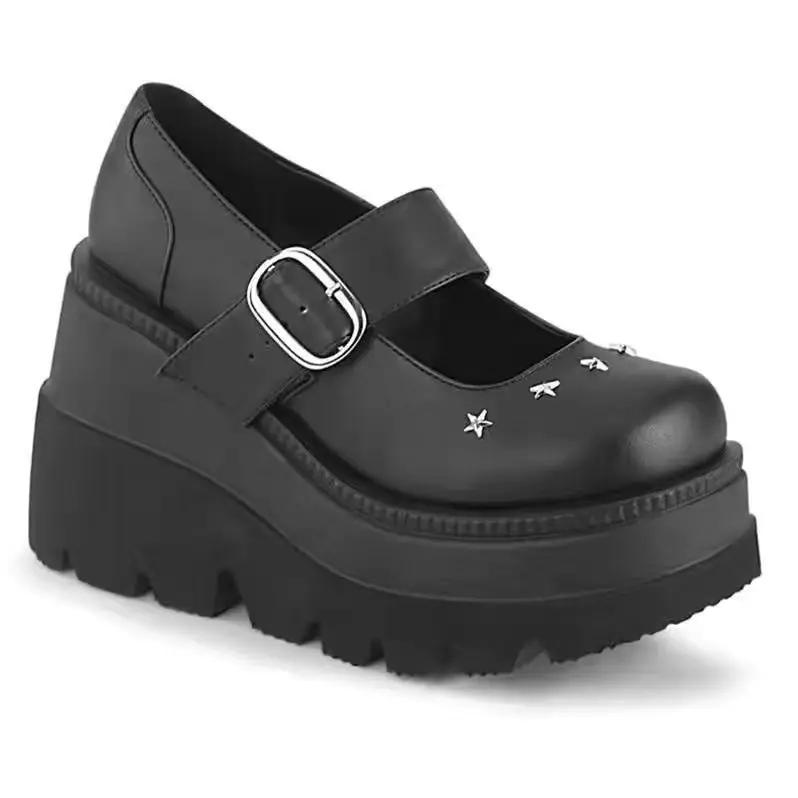 

Женские туфли Мэри Джейн в стиле панк из искусственной кожи на каблуках, черные женские туфли в стиле готической Лолиты, массивные женские туфли для косплея со звездами и рок-ботинками 40