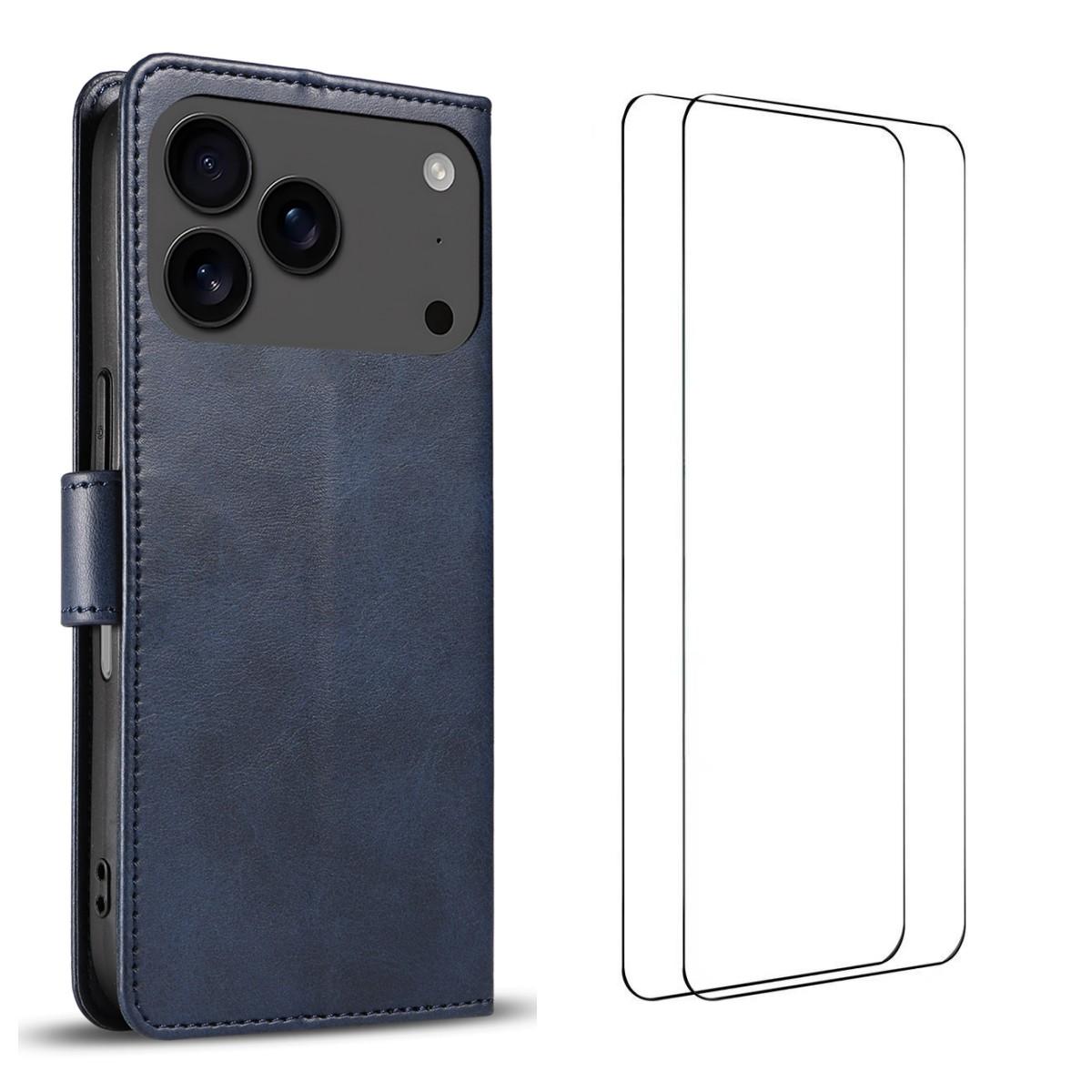 

For iPhone 17 Pro Case with 2Pcs Tempered Glass WANLONFENG WN Series Calf Texture Leather Phone Cover Big Cutouts Sapphire