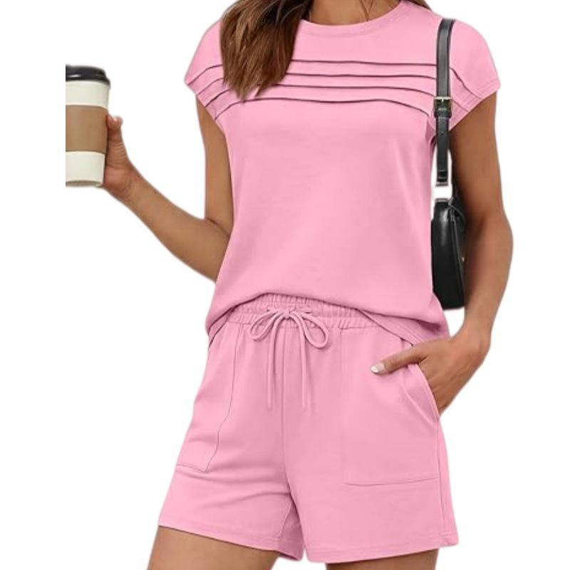 

Women s Summer 2026 Striped Casual Top and Solid Shorts Set - European and American Fashion XXL розовый