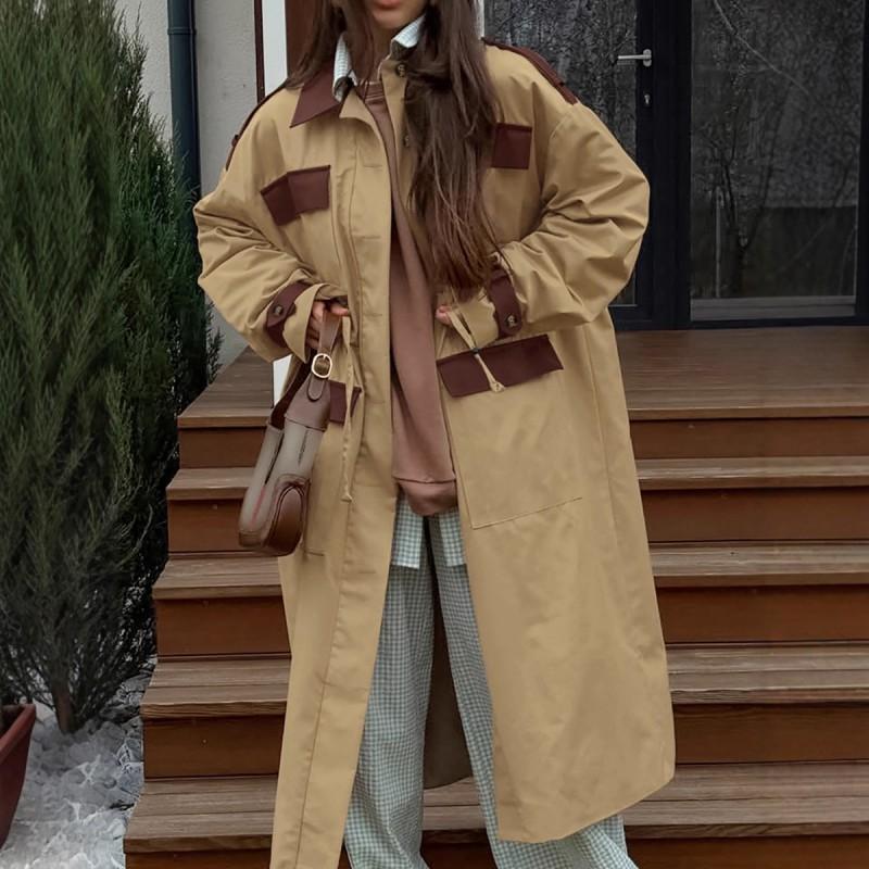 Womens VintageWomensVintage Contrast Color Lapel Long Trench Coat 2026 Old Money Style Khaki