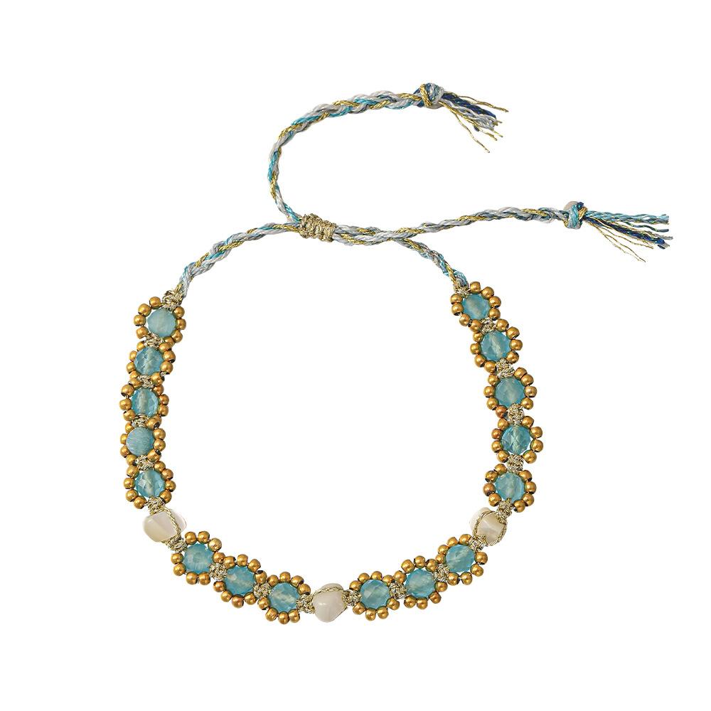 Bohemian glacier blue opal woven hand rope bracelet, colorful treasure small flower pull adjustable stacking jewelry