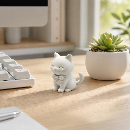 3D Printed Cute Cat Ornament, Mini Size Matte White Cat Figurine with Bow Tie, Desktop Decoration for Home Office Car, Small Gift for Cat Lovers