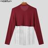 INCERUN Men Round Neck Front Tassel Patchwork Long Sleeve Casual Crop Tops T-shirts