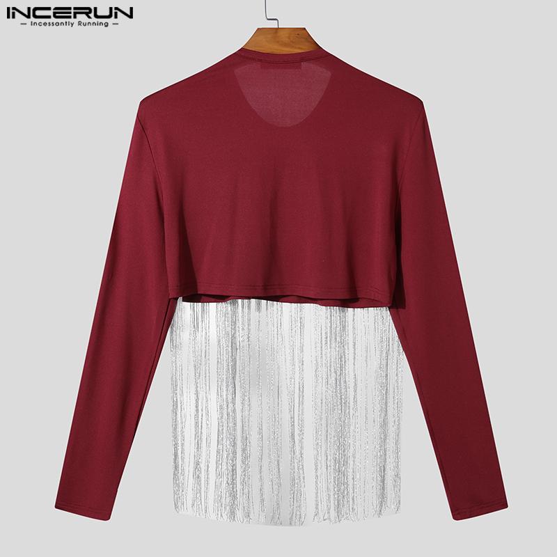 INCERUN Men Round Neck Front Tassel Patchwork Long Sleeve Casual Crop Tops T-shirts