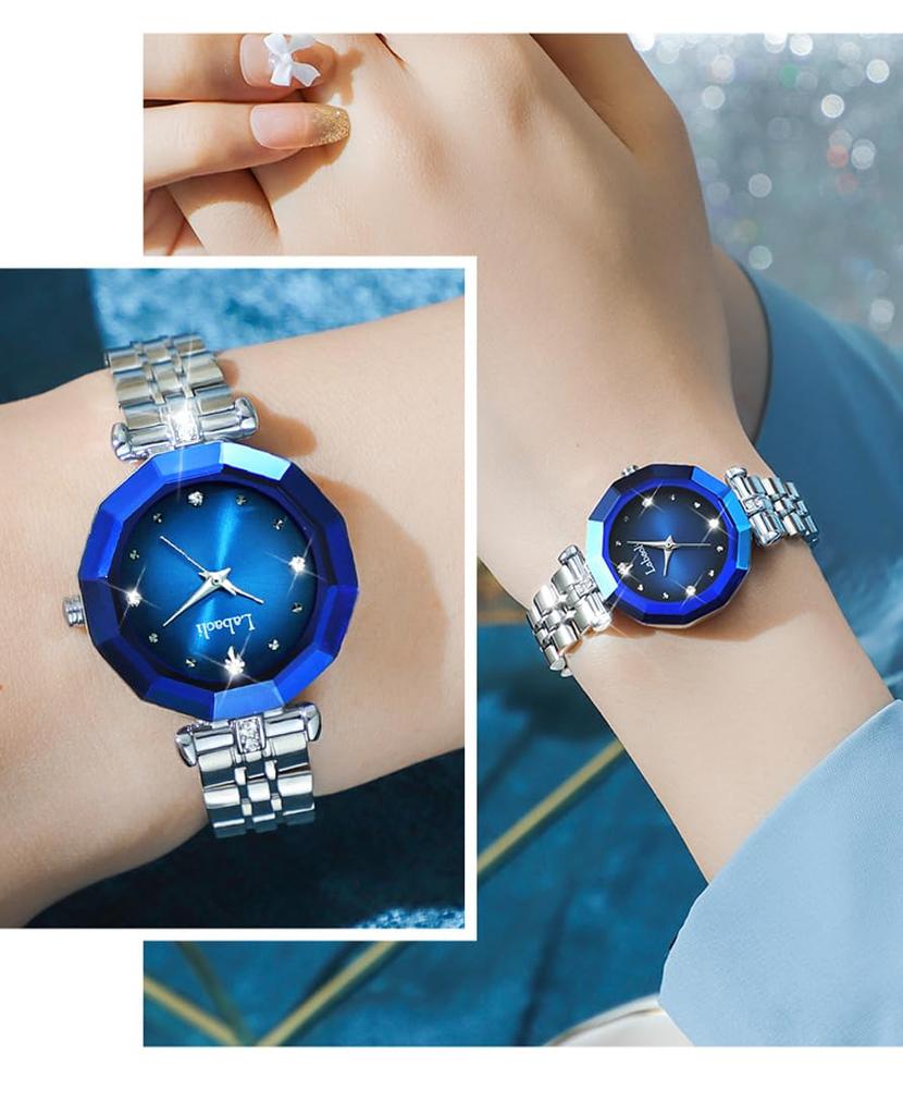 Stylish and cute crystal wristwatch for women, waterproof, brand-name, business-oriented, stainless steel, luxury, cute, gift for her, silver, blue.
