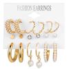 European & American Retro Pearl-Set: Creative French Gold Earrings, 6-Piece Set.