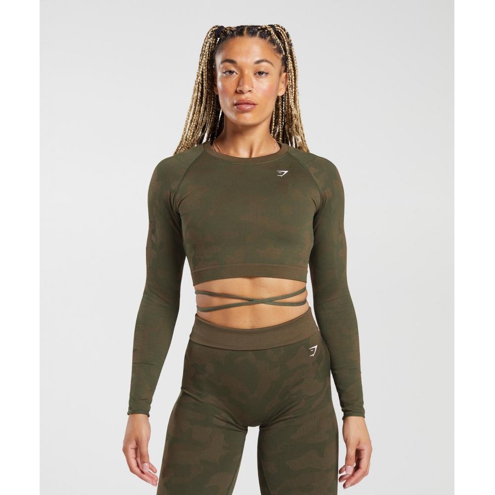 

GYMSHARK Adapt Camo Бесшовный ребристый укороченный топ с длинными рукавами Зимний оливковый Soul Brown B5A8S ECCH XS