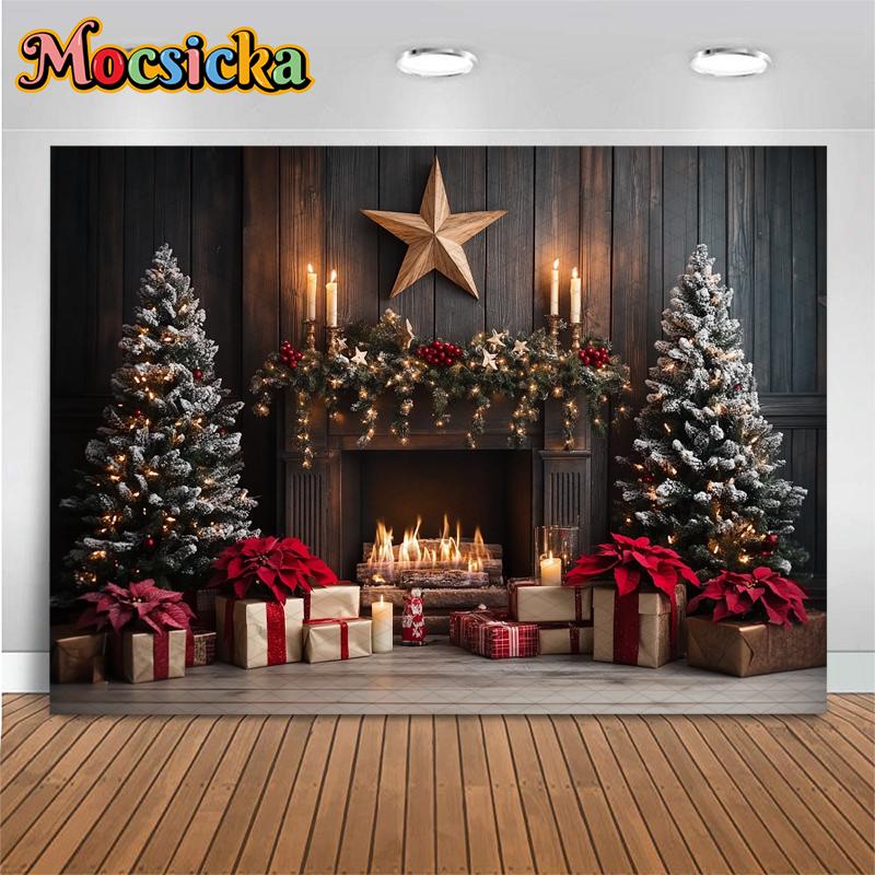 Mocsicka Christmas Tree Photography Background Gift Fireplace Home Wood Wall Decoration Baby Photo Backdrop Shooting Prop Studio