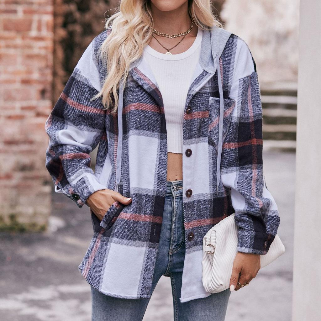 Women's Fashion Plaid Long Sleeved Button Up Hooded Pocket Drawstring Casual Shirt Jacket