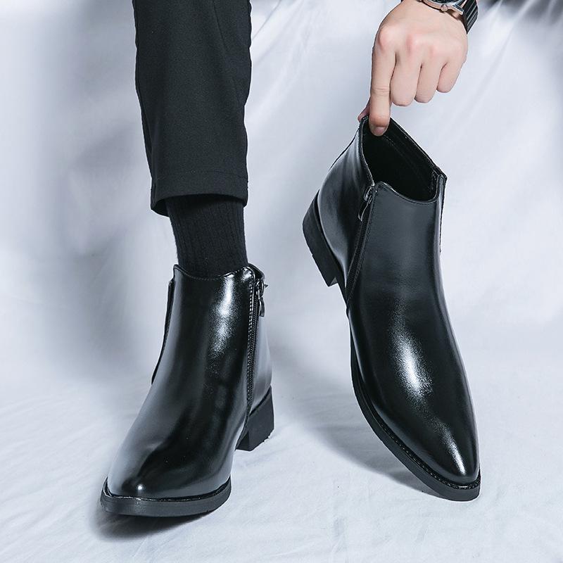 Stivali da uomo taglie forti stile coreano a metà polpaccio: Stivali Martin Formali in Pelle Autunno/Inverno a Punta, con Zip Laterale, Slip-On, Alti.