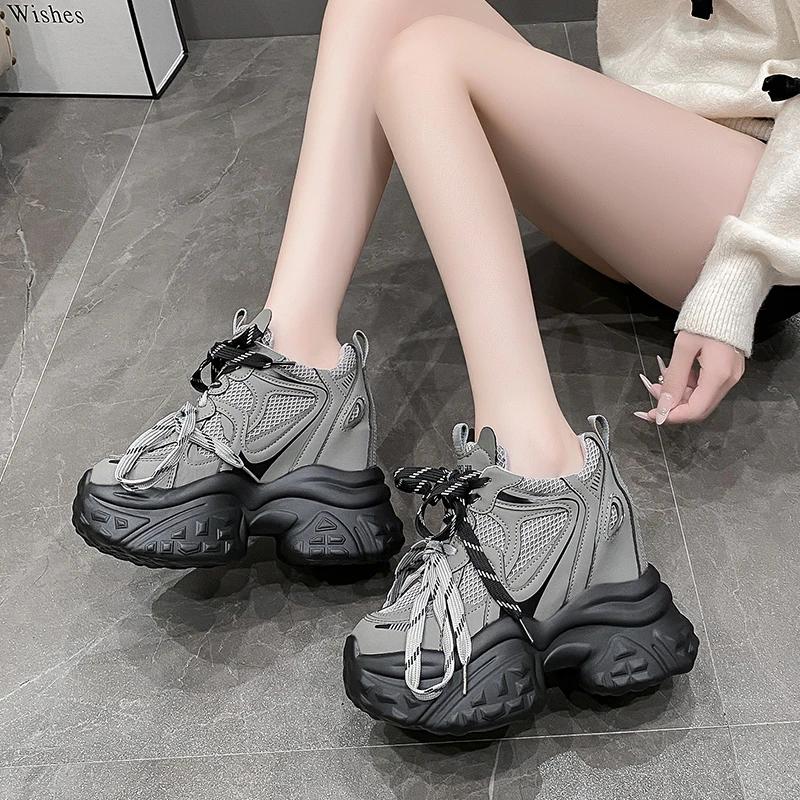 Fashion 11CM New 2025 Autumn Breathable Women Chunky Sneakers Lace-up Wedges Mesh Shoes Thick Soles Trainers High Platform Casual Shoes