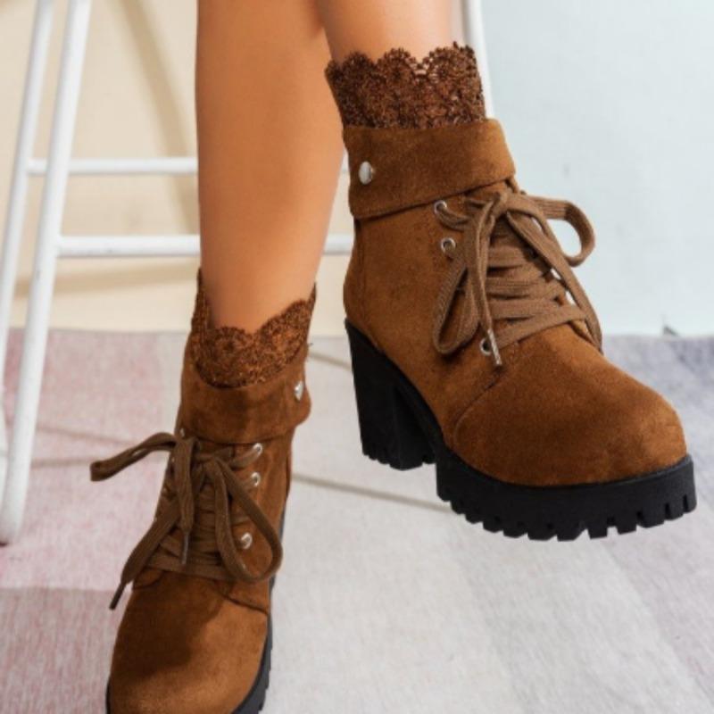 Plus-size Shoes, High-heeled, Chunk-heeled Fashion Boots, Women's Round-toe Lace-up, Back-zipped Ankle Boots