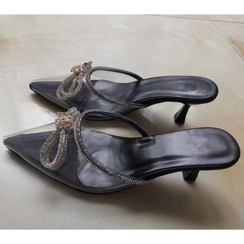 Thin-heeled Mid-heeled Mid-toe Semi-female Rhinestone Pointed-toe Shoes High-heeled Flip-flops