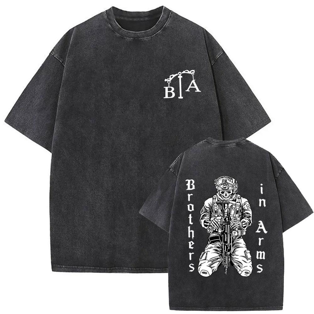Washed Vintage Brothers in Arms Skeleton Double Sided Print T-shirts Men Women Casual Cotton Oversized Short Sleeves T Shirts S разноцветный