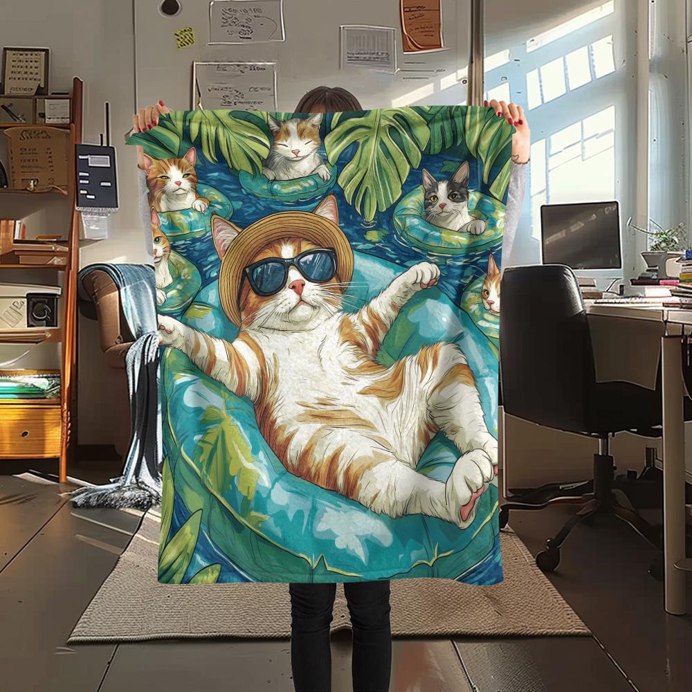 Cats with Swim Rings  Print Flannel Blanket, High quality Comfortable for All Seasons, Home Decor, Warmth and Comfort