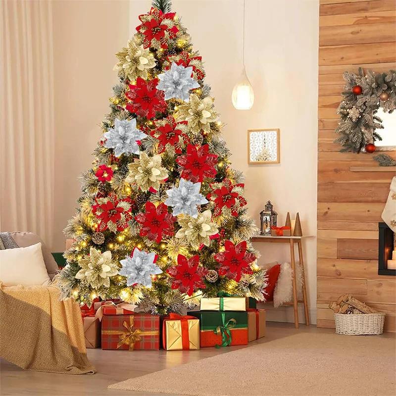 Glitter Christmas Poinsettia Flower Decoration Double Layer Gold Glitter Sparkle Holly Artificial Flower for Xmas Tree Ornaments