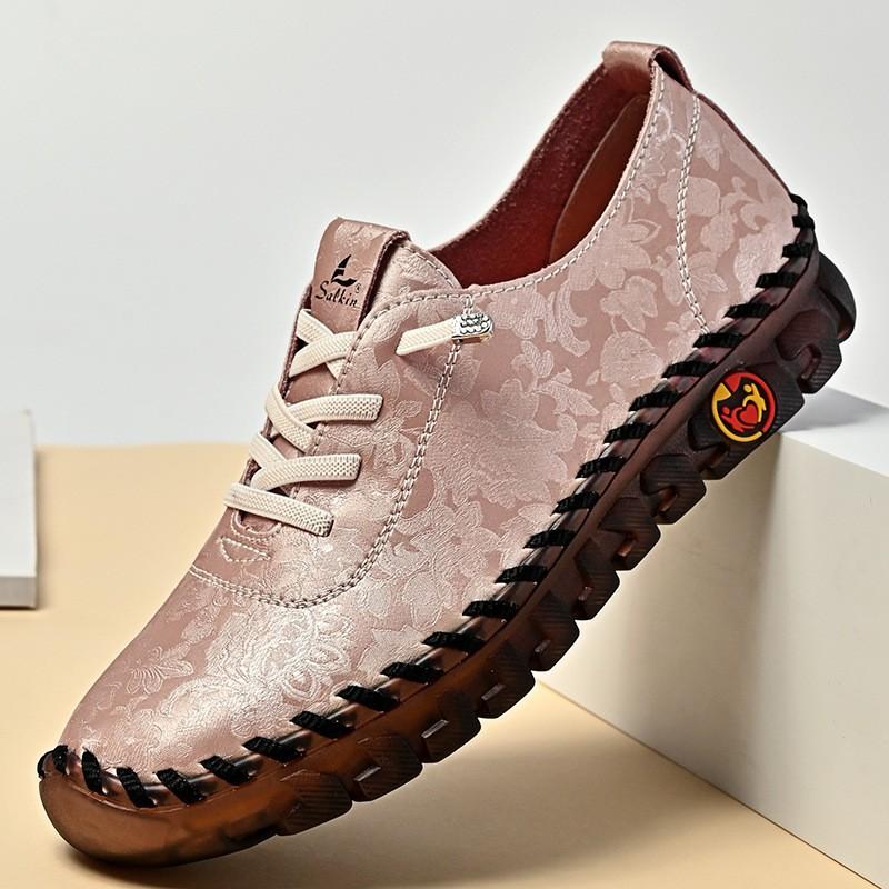 Damen Handgenähte Flache Loafer PU-Leder Bequeme Freizeitschuhe Größe 44 Weite Passform