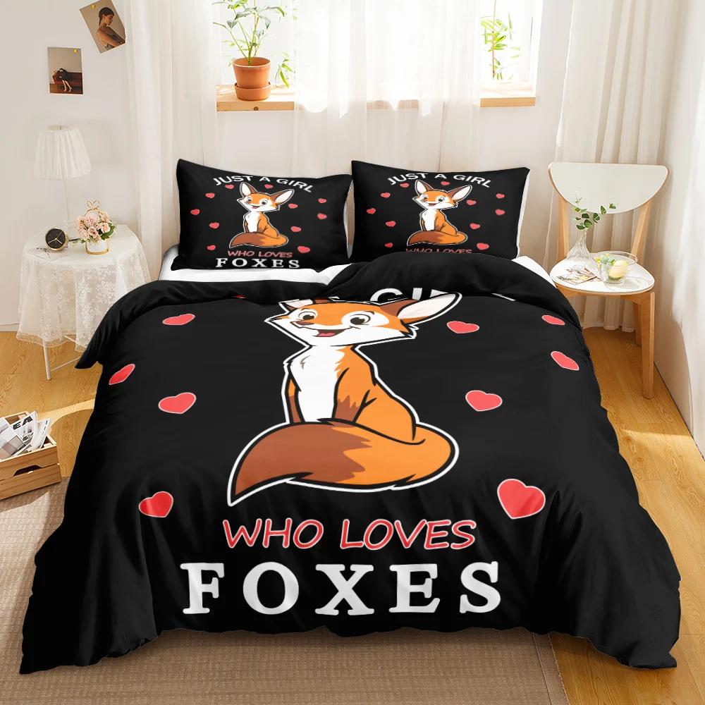 Cartoon Fox Bedding Set Cute Fox With Flower Feather Headband Duvet Cover Twin Full Queen King Polyester Duvet Cover Girls Boys