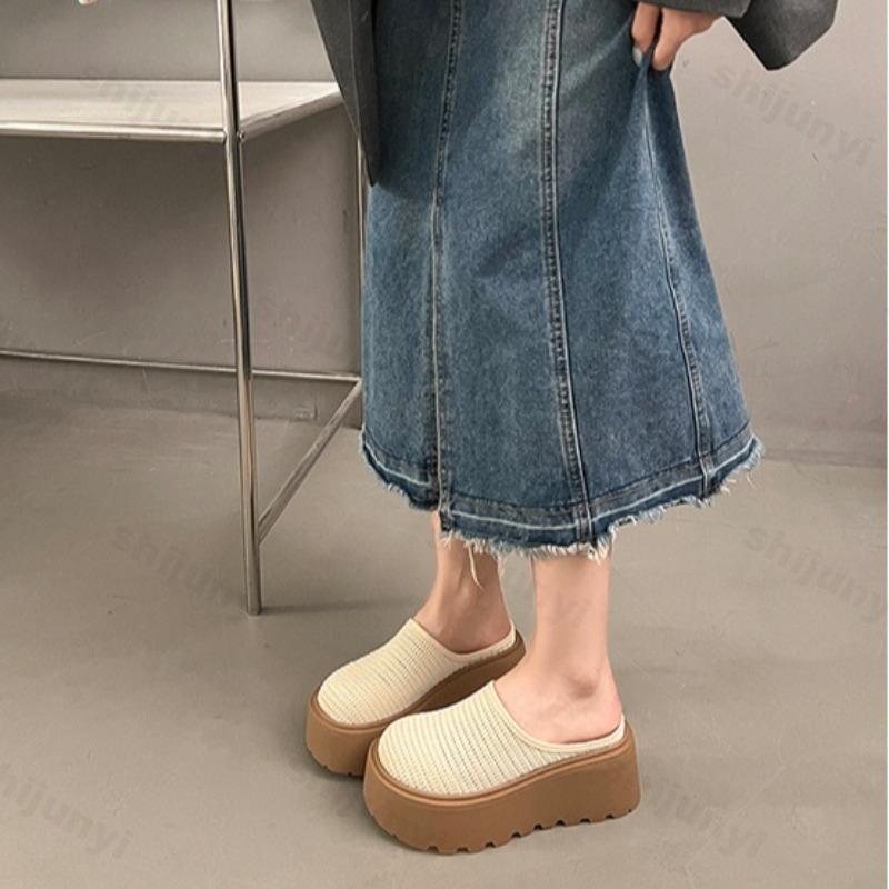 Fashion Women Wedges Slippers 2025 Summer Mesh High Heels Mules Platform Sandals Fashion Dress Outdoor Breathable Heel 7cm Slippers