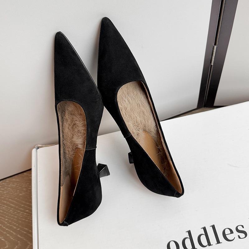 Fleece Women's Single Shoes 2025 Autumn New Korean Version High-heeled Leather Single Shoes Women's Commuting One-pedal Doudou Shoes Floating Shoes