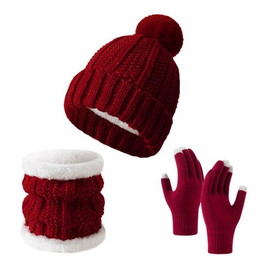 3Pcs/Set Winter Knitted Scarf Gloves Set Pom Pom Ball Fleece Lining Brimless Hat Touchscreen Gloves Neck Warmer Set