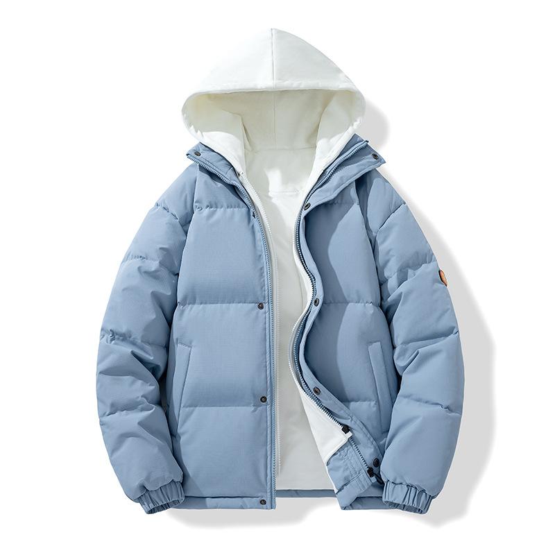 

2025 зима новый пух белой утки молодежная мода универсальный свободный повседневный фейк два пуховика простой мужской тренд хлопковая одежда 3XL синий