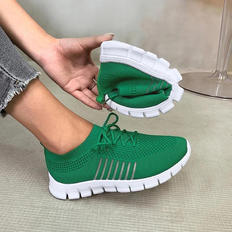 Fashion Spring Summer Breathable Knitted Sneakers Womens Plus Size Soft Sole Flats Shoes Woman Comfort Lace Up Platform Sports Shoes