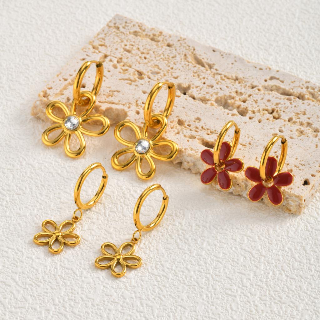 Blumenohrringe Roter Emaille Vergoldeter Creolen Edelstahl Florale Hängeohrringe für Damen Y2K Sommer Mode Schmuck