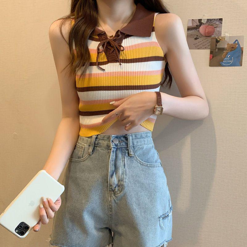 Women s Striped Polo Collar Sleeveless Camisole - Designer Summer Off-Shoulder Top S 80-90