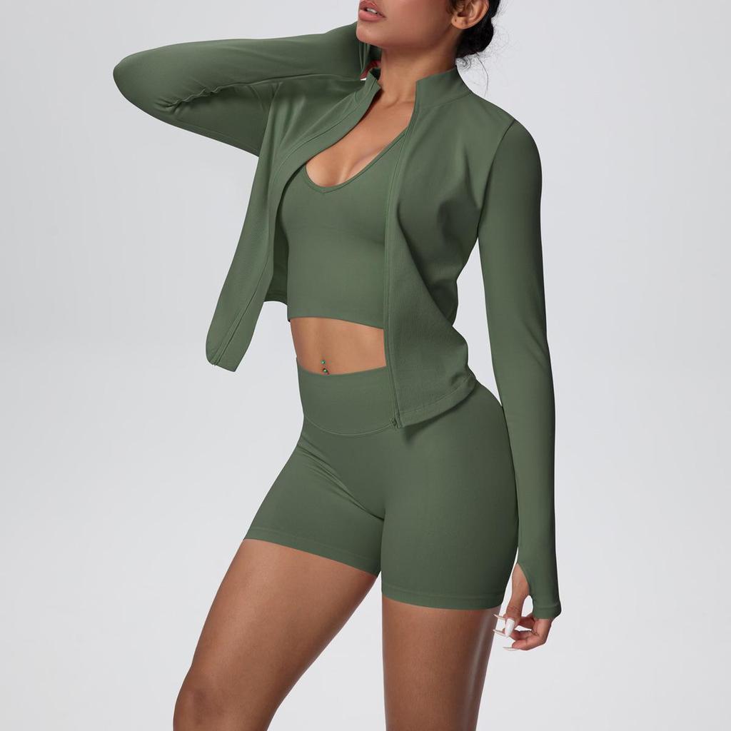 Seamless Slim-Fit Zipper Jacket & Bra with Peach Three-Quarter Fitness Pants Yoga Set