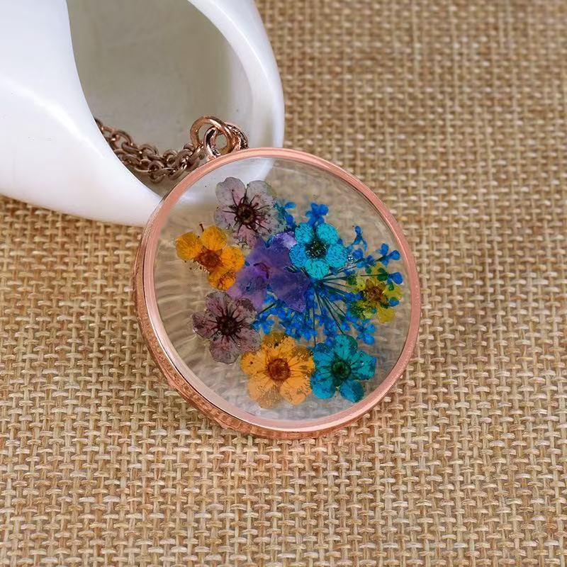Handmade Epoxy Jewelry, Transparent Photo Box Dried Flower Pendant, Natural Real Dried Flower Round Resin Dried Flower Necklace Dried Flower