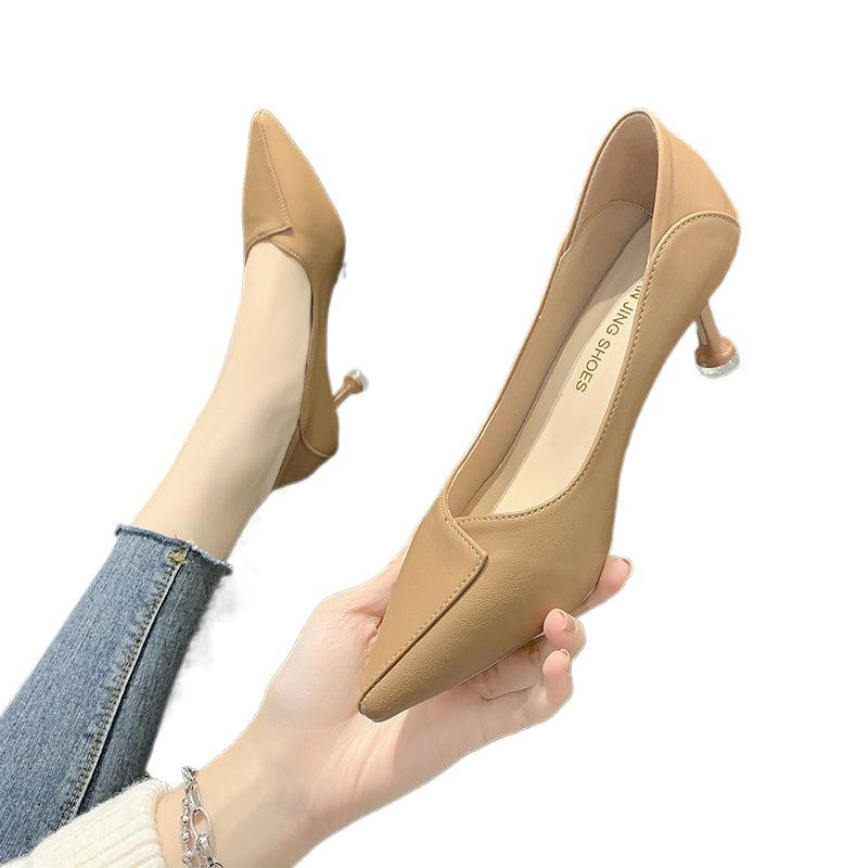 3Cm Not Tired Feet Soft Leather High Heels Women's 2025 French Stiletto 5 Pointed Middle Heel Single Shoes Versatile Work Shoes