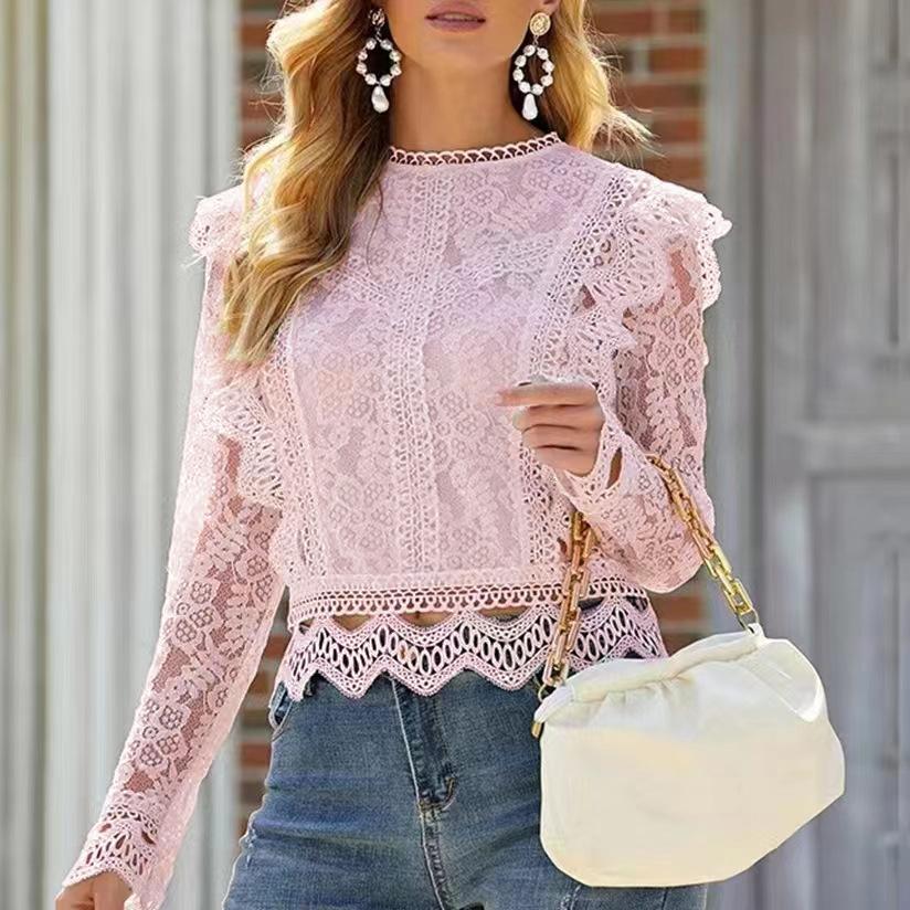 Solid Color Bottoming Sexy Hollow Lace Long-sleeved Women's Lace Shirt Jacket Top