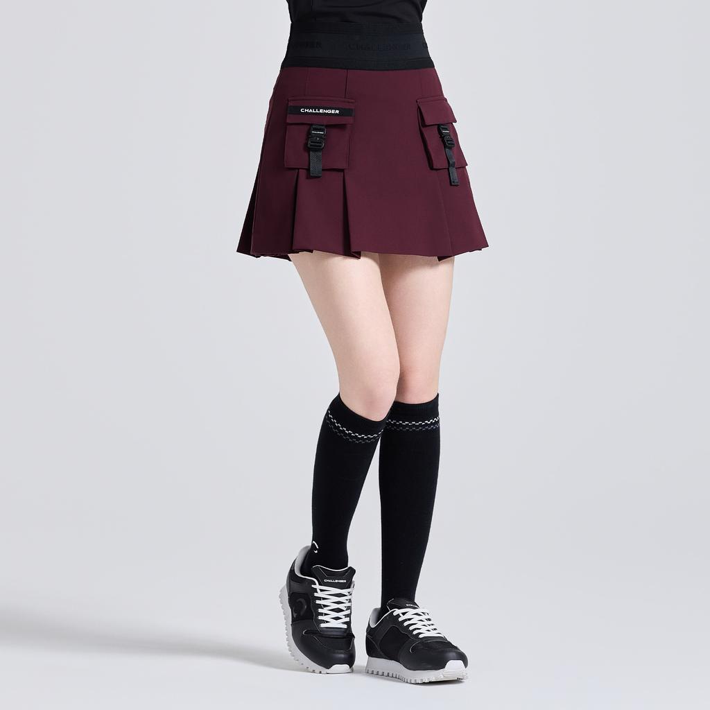 CHALLENGER Women'S Out-Pocket Elastic Banded Pleated Culotte Skirt Burgundy