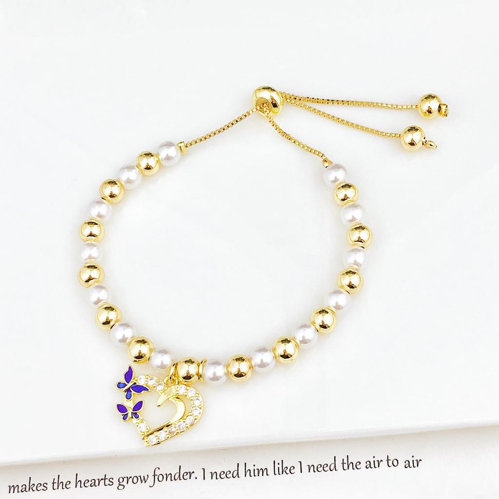 Classic Pearl Chain Heart-Shaped Bowknot Zirconia Pendant Bracelet High-Quality Women Girls Daily Party Jewelry Birthday Gift