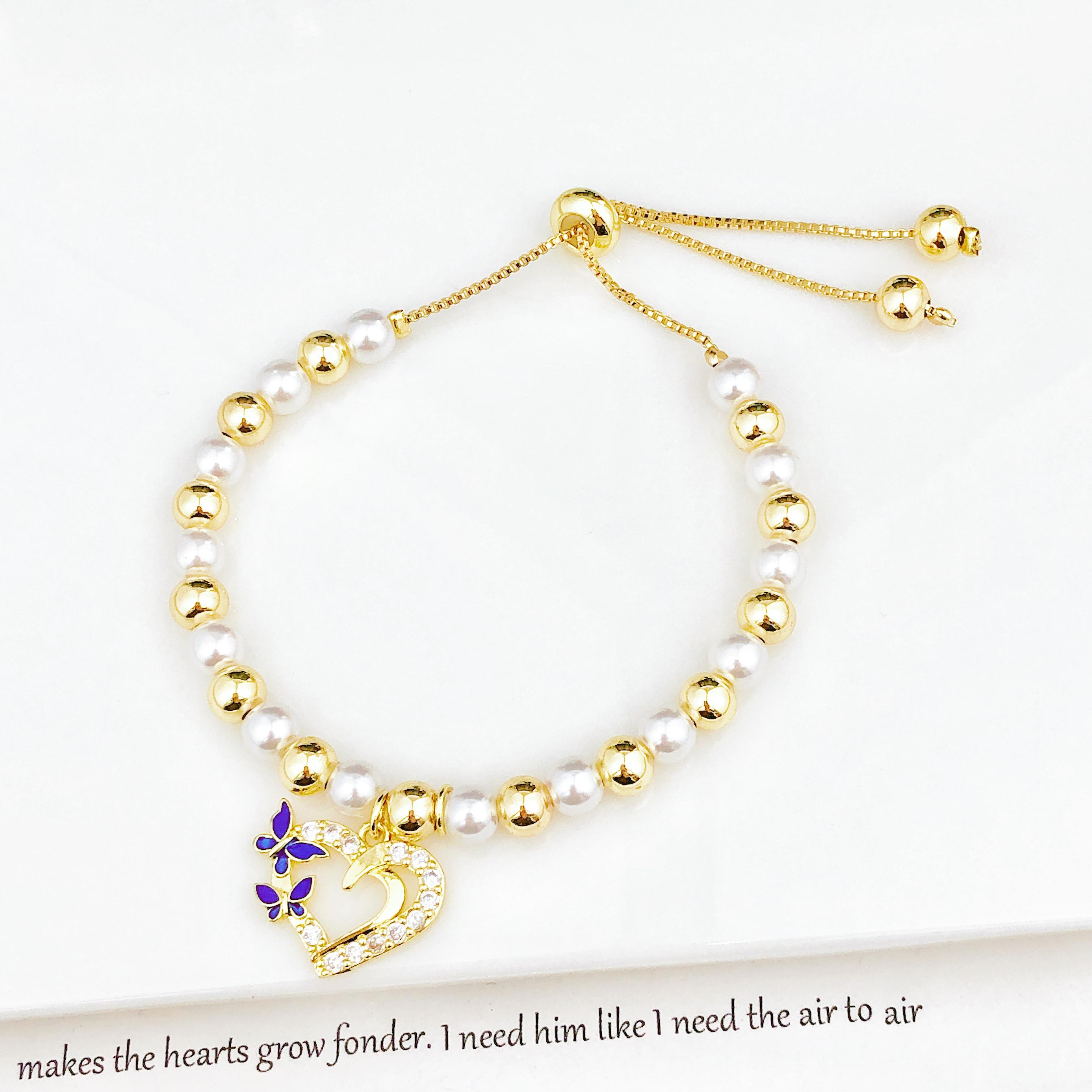 

Classic Pearl Chain Heart-Shaped Bowknot Zirconia Pendant Bracelet High-Quality Women Girls Daily Party Jewelry Birthday Gift